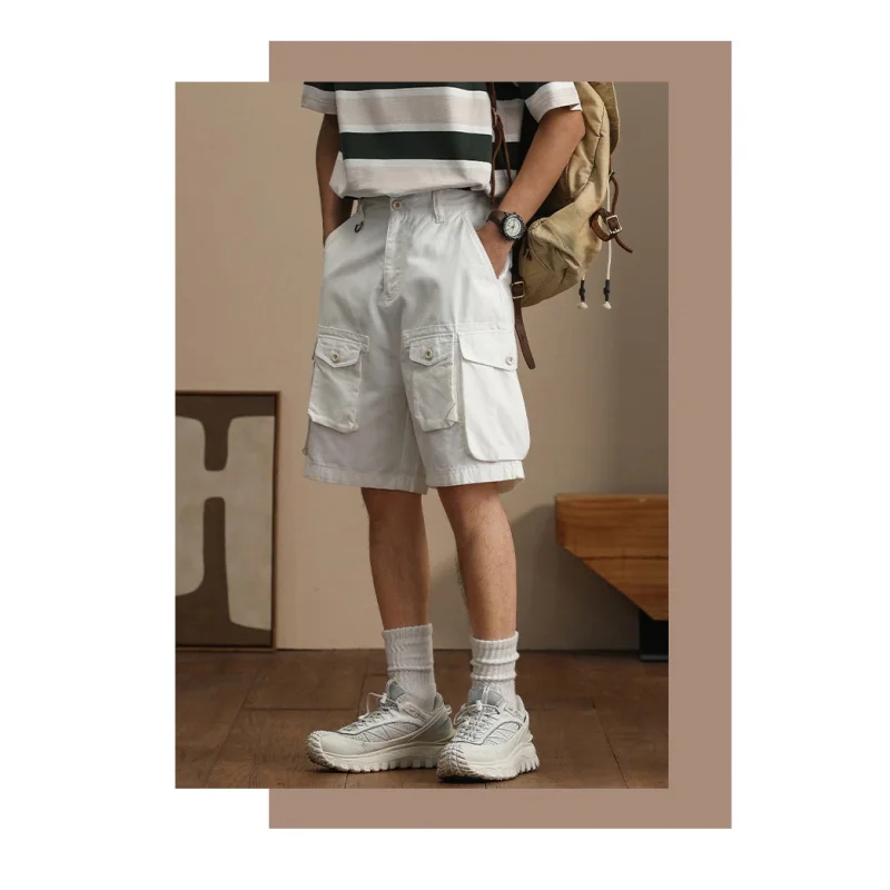 Summer street men's work shorts High-end combed cotton loose fit knee-length pants Multi-pocket model stretch casual pants