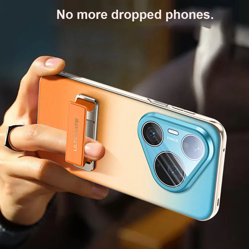 Luxury Gradient PU Leather Phone Case with Kickstand Wristband and Full Camera Lens Cover