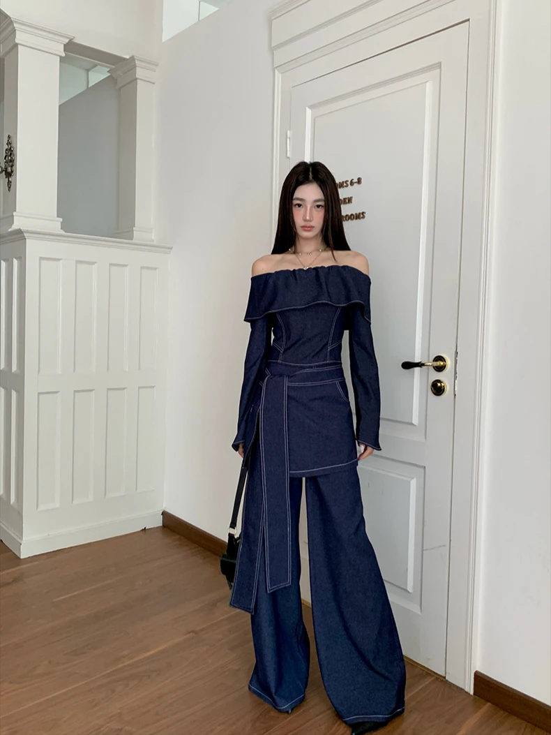 CHEERART 2 Piece Sets Women Outfit Denim Off The Shoulder Long Sleeve Top And Wide Leg Long Pants Fall Clothes 2024 Women 6