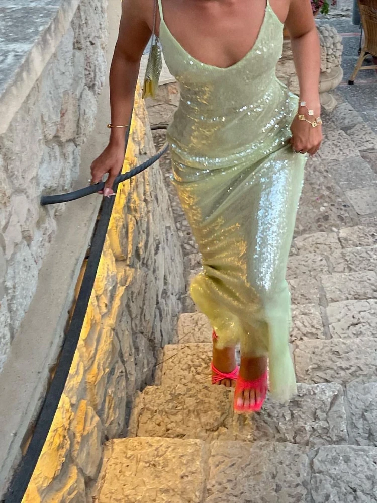 

Модное женское длинное платье-трапеция без рукавов, летнее женское сексуальное платье на бретелях, женское элегантное вечернее облегающее платье с открытой спиной и блестками