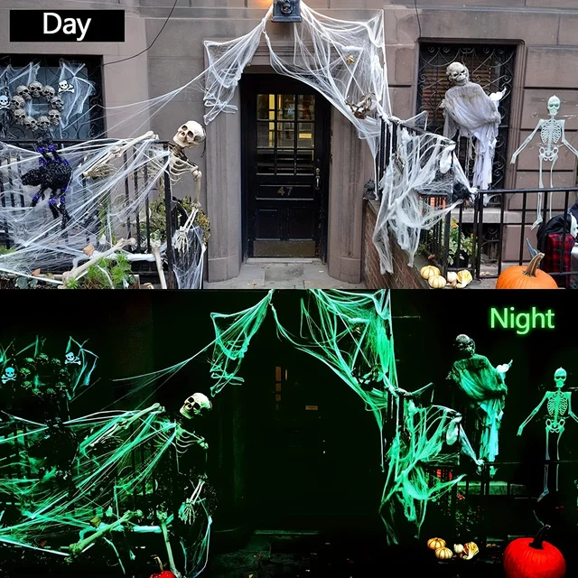 Glow-in-The-Dark Spider Webs and Fake Spiders – White Stretch Cobwebs for Spooky Halloween Indoor and Outdoor Horror Decoration Prop