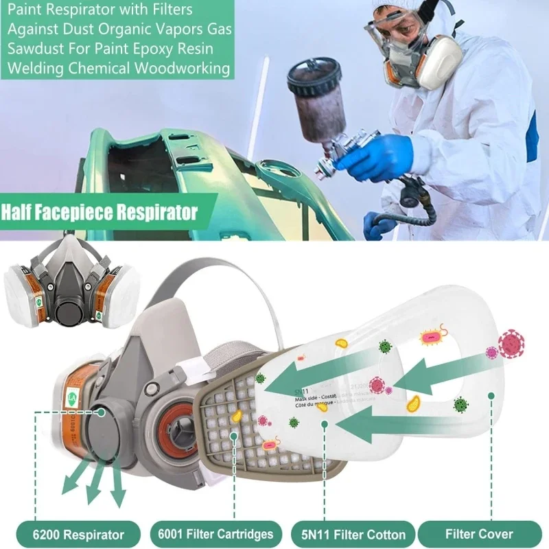 Gas Respirator 6200 Dust Gas Mask Filters with Protective Fog-proof Glasses Safety Work Suit Industrial Half Face Painting Spraying Respirator