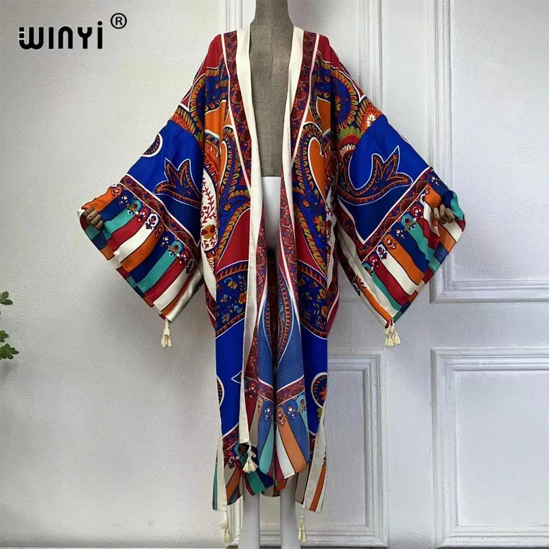 WINYI-Kimono à manches longues imprimé style bohème pour femme, robe maxi, cardigan de plage, élégant, pour les vacances, nouvelle collection été