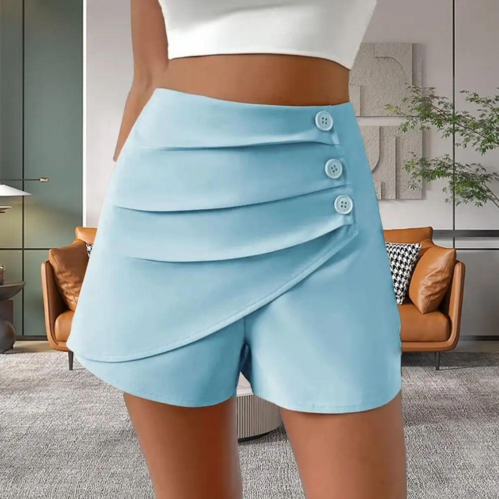 

Women Summer Shorts High Waist Asymmetric Button Decor Solid Color Slim Fit Soft Tummy Control Above Knee Length Mini Shorts