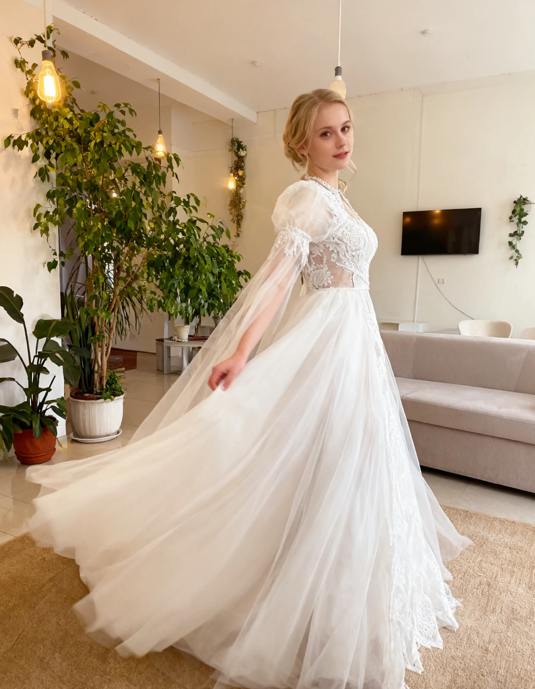 Maßgeschneiderte Elegante Langarm-Spitzen-Boho-Applikationen Brautkleider Bodenlang Elfenbein 2026 A-Linie Rückenfreie Tüll-Brautkleider – Detail 4
