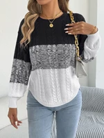 Woman Casual Color Block Striped Sweater Round Neck Lantern Long Sleeve Twist Knitted Tops for 2025 Autumn Winter Women Clothes - Image 5