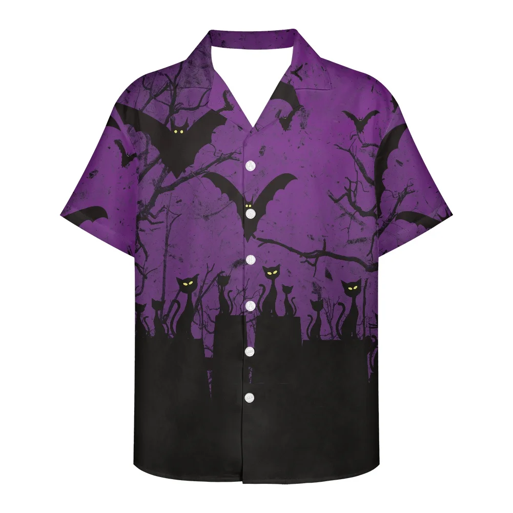 Halloween Black Horror Castle Print Men's Shirt The New Loose Leisure Men's Shirt Summer Men Clothing Short Sleeve V Neck Shirt