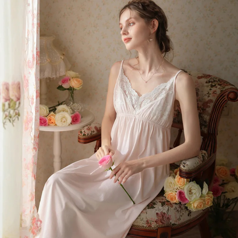 Camisole Nightgown: New Summer Cotton Design, Loose Fit Long Length, Princess Palace Charm - Perfect Loungewear for Home Comfort