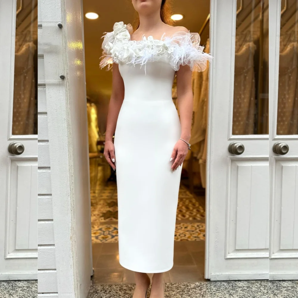 Jersey Flower Feather Ruched Christmas A-line Off-the-shoulder Bespoke Occasion Gown Midi Dresses