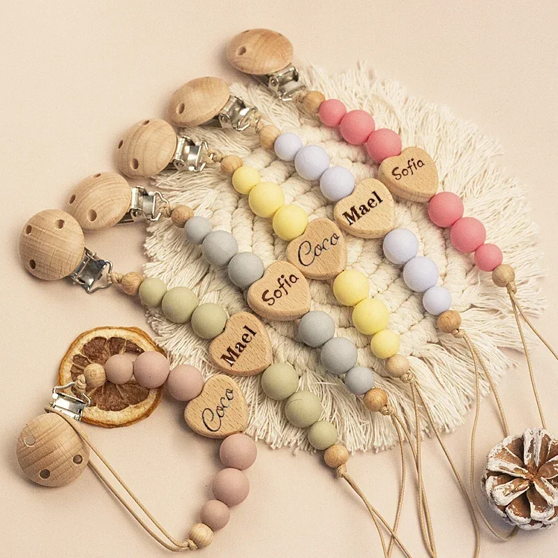 Pacifier Clip Pacifier Chain Pacifier Accessories Teether Clip Baby Silicone Accessories Name Wooden Personalized Baby Pacifier Chain Silicone Bead Dummy Nipple Holder Guard Teether Pendant Newborn Gift Stuff