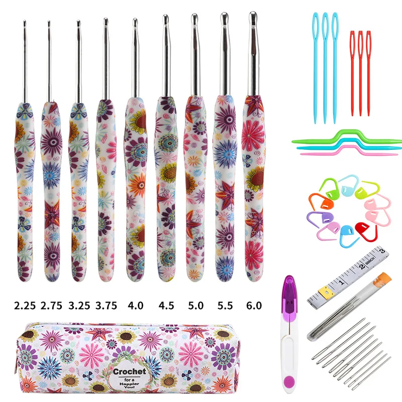 14pcs Crochet Hooks Set, Ergonomic Grip Soft Handle, Pink Floral
