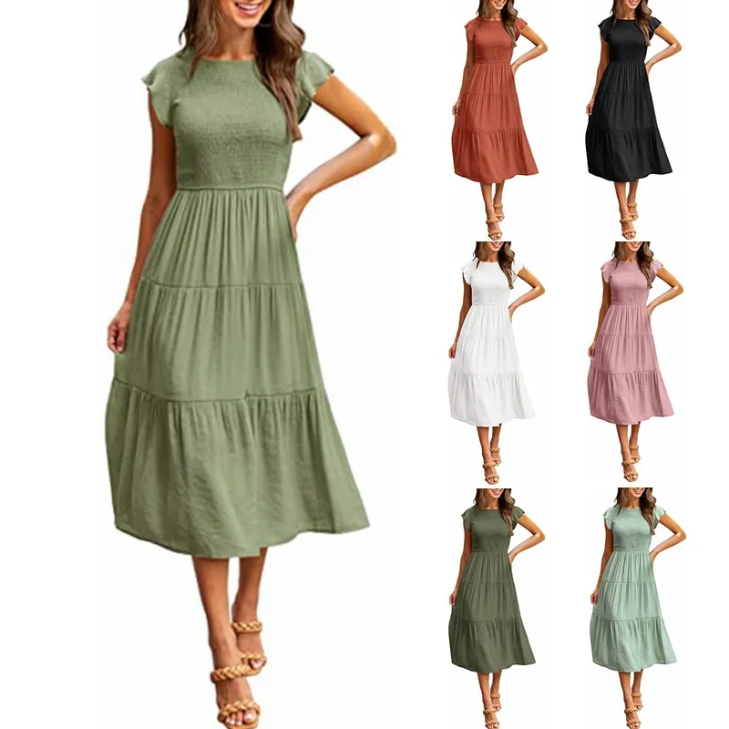 2023 Women's Summer Fashion Flying Sleeves Ruched Layered Short Sleeves Swing Dress Casual Commuter Party Elegant Dresses Lady