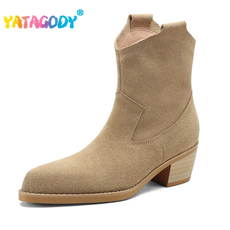 

YATAGODY Size 34-39 Women Western Boots Cow Suede Thick High Heels Shoes Womans Winter Cowboy Boot For Cowgirl Ankle Booties