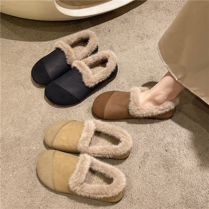 Aphixta Soft Furry Loafers Flat With Women Shoes Black Casual Round Toe Flats Woman Classic Shoe Autumn Winter Loafers
