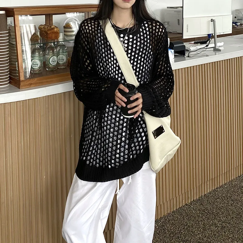 Autumn Fashion Women's Clothing Hollow Loose Crew Neck Women's Long Sleeve Top Casual Sweater Pullover Knitwear