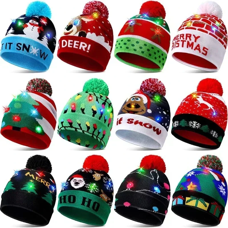 Creative Flashing Led Light Christmas Hat Snowman Winter Warm Color Knitted Cap Christmas Gift For New Year Xmas Party Decor