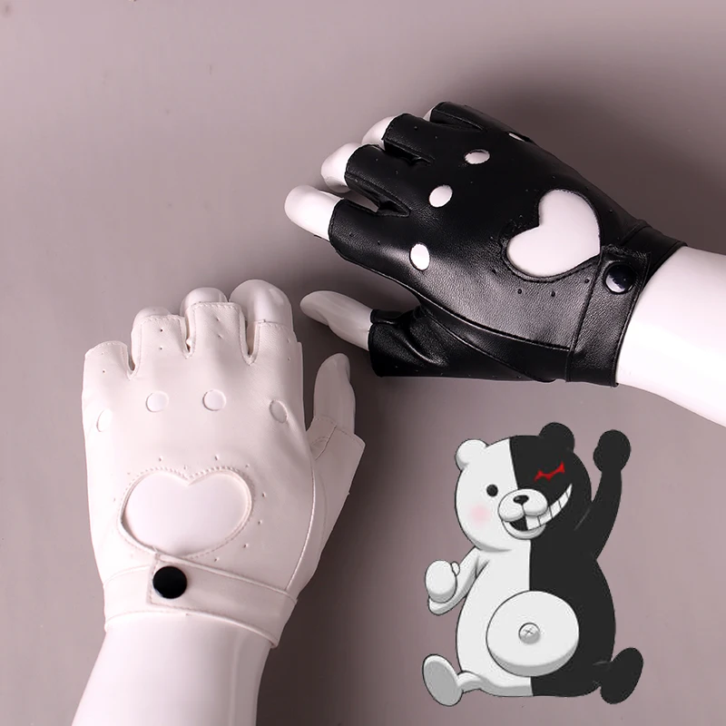 

Anime Danganronpa Monokuma Fingerless Glove Unisex PU Leather Gloves Sexy Disco Dancing Rock and Roll Black White Punk Glove