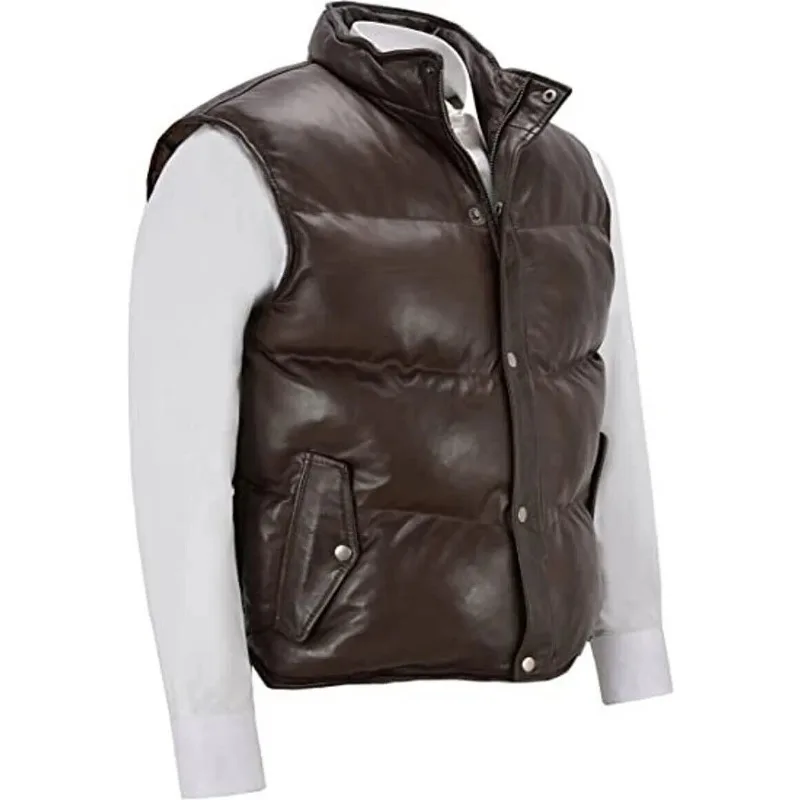 Leather Jacket Padded Puffer Vest Men's Genuine Real Lambskin Brown Jacket Coat