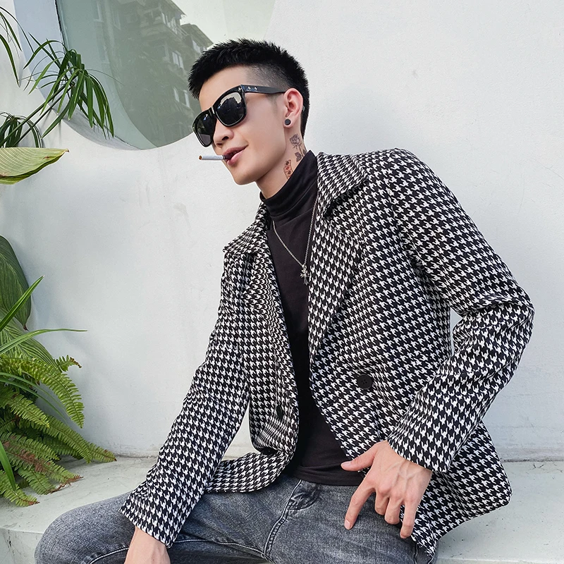 

Autumn Houndstooth Coat Man Suit Collar Double Breasted Men Blazer Slim Fit Jacket Hippie Clothes Japanese Men Clothing 2022