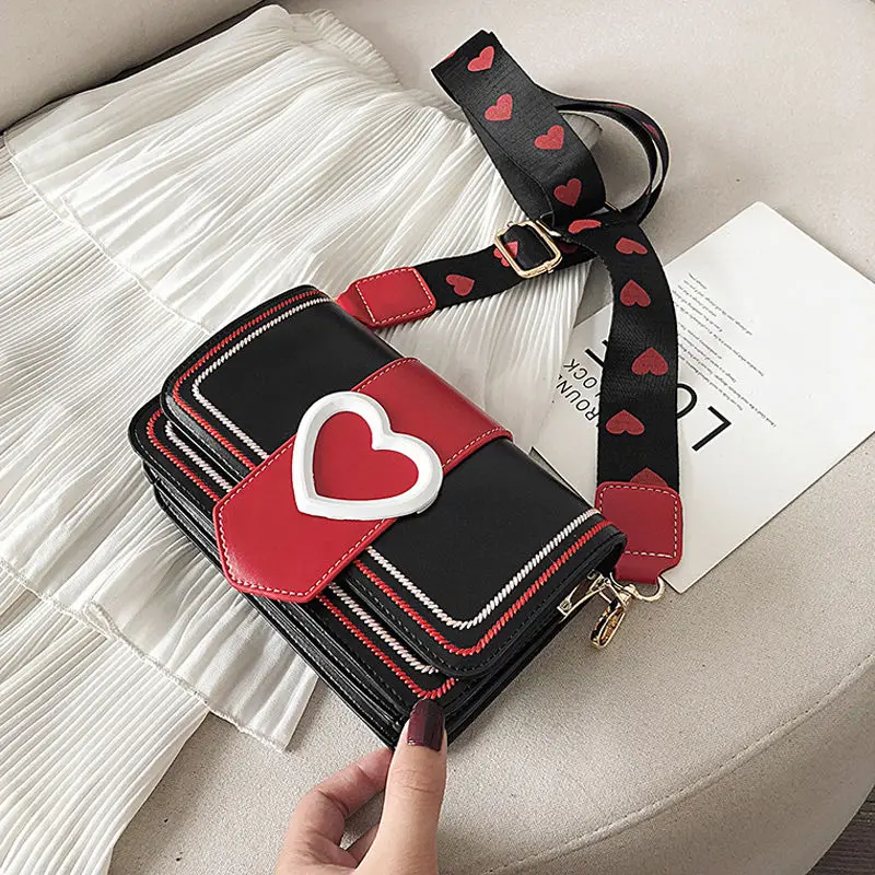 Xiuya Sweet Cute Small Shoulder Bag Female Valentines Day Trendy Korea Heart Messenger Bag Fashion Broadband Square Purse Wallet 