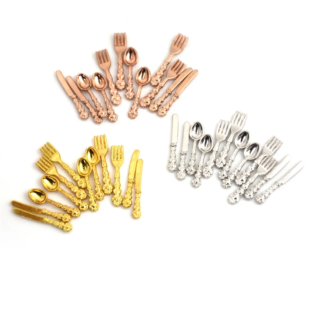 Dollhouse Furniture Set Doll House Toys Pretend Kitchen Toys Kitchen Toys 12Pcs 1:12 Mini Vintage Dollhouse Miniatures Tableware Cutlery Metal Knife Fork Spoon Kitchen Food Furniture Toys Gold Silver