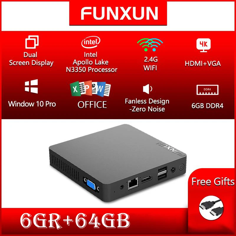 Windows 10 Pro Mini Pc 6Gb Ram 64G Rom Computer Desktop Intel N3350 Display A Doppio Schermo