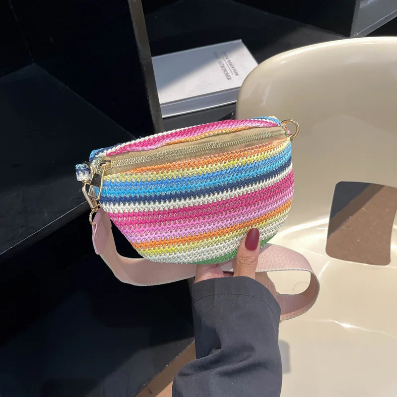 

Bohemian Style Women Waist Bag Rainbow Striped Casual All-match Vacation Style Fashion2023 Summer New Fanny Pack Cross Body Bag