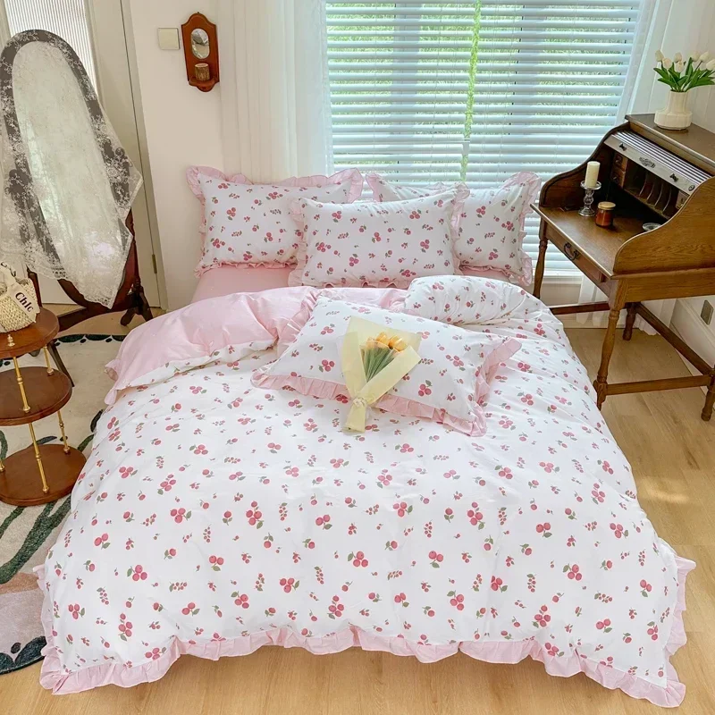 

Kawaii Princess Pure Cotton Bedding Set Full Size Lovely Ruffles Single Doubel Duvet Cover Set Girls Woman Cozy Bedding Sets