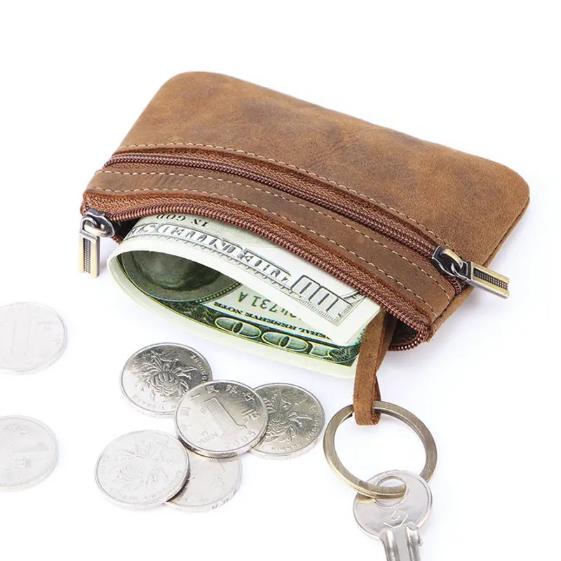 Vintage Genuine Leather Coin Purse with Keychain - Cowhide Zipper Wallet & Key Holder