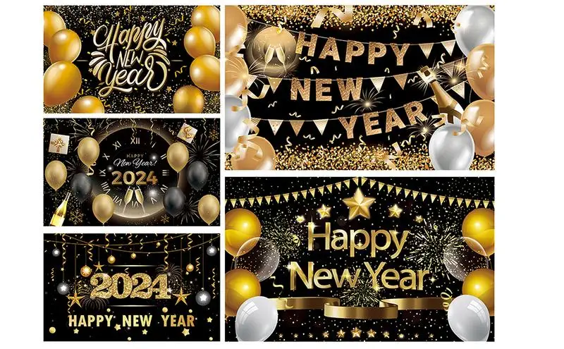 

Black Gold Happy New Year Background cloth Universal New Years Eve Banner Decorative Hangable Foldable Happy New Year Backdrop