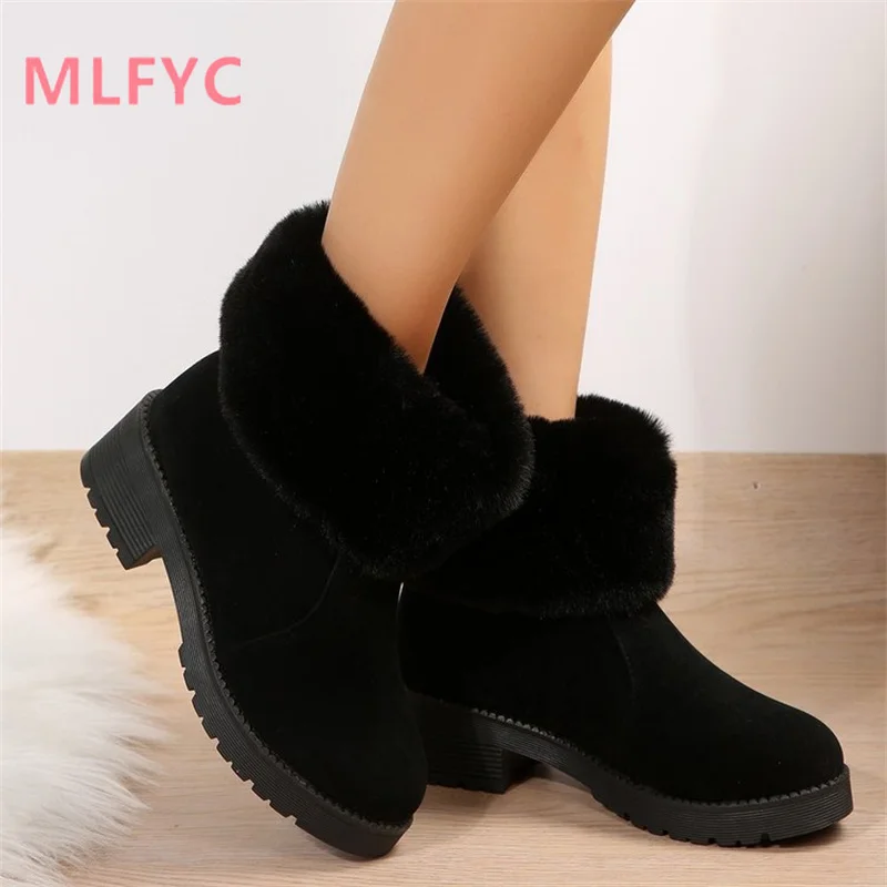 Large New Winter Low Barrel Snow Boots Thick Heel Thickened plush Warm Cotton Shoes Women's Heel Round Toe Boots
