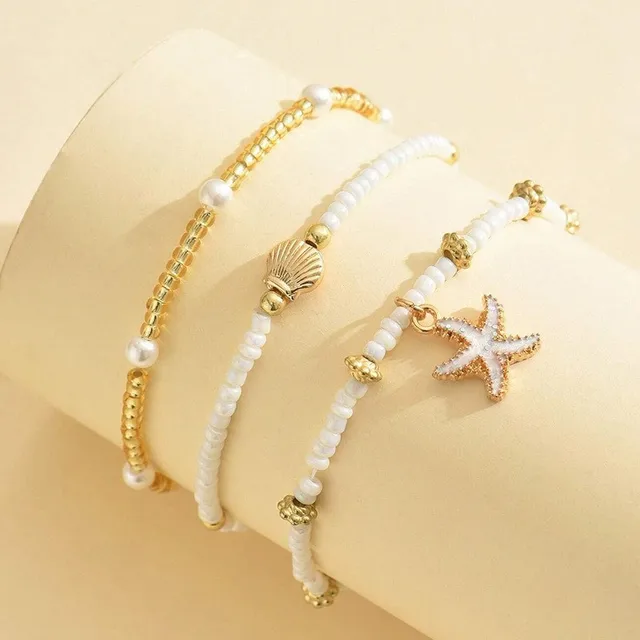 Chaîne de cheville en perles de Millet, Style bohème, coquille d'étoile de mer, ensemble de trois couches, accessoire de bijoux de pied élégant et de plage, été 1