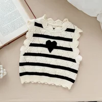 2026 Spring 0-4Y Sleeveless Pullover Baby Girl Striped Heart Knit Vest Scalloped Trim Soft Kids Layering Autumn Adorable Clothes