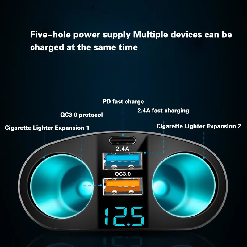Multiple Devices Can Be Charged at the Same Time with Digital Display Car Charg Dual-port Car Charger Adapter