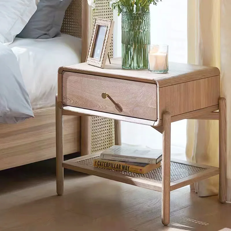 

Винтажный прикроватный столик в скандинавском стиле, однотонный Плетеный мини-шкаф из ротанга для домашнего использования, тихая стильная спальня, креативный прикроватный шкаф