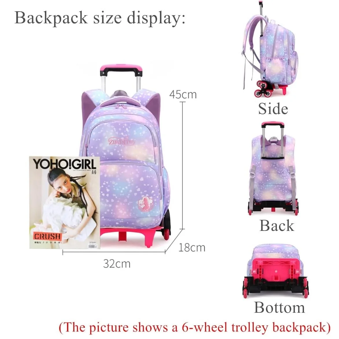 Mfikaryi Rolling Backpack For Girls - 6-Wheel Trolley Bag, Water-Resistant, Large Capacity, For Elementary School, Travel & Outdoor