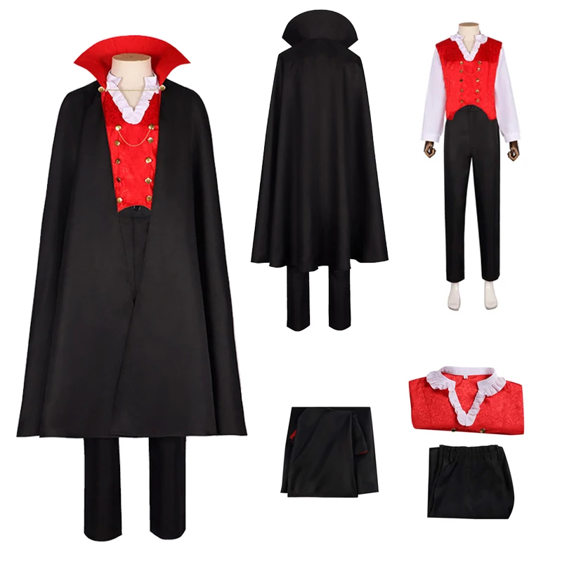 

Retro Vampire Cosplay Men Costume Red Vest Shirt Black Cloak Pants Full Set Adult Male Halloween Party Disguise Role Suit