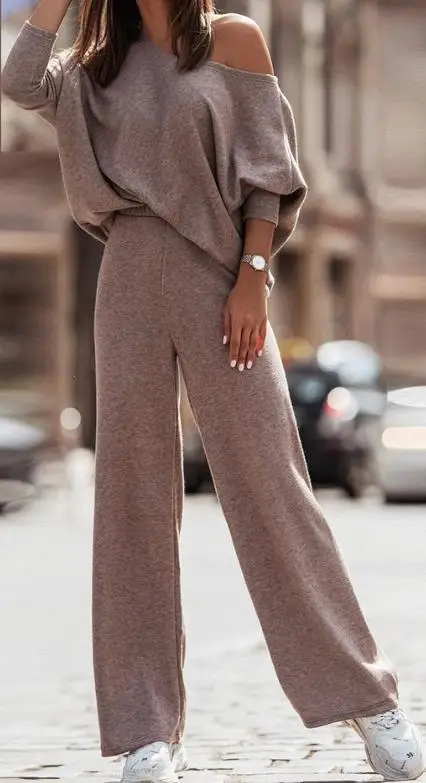 Two Piece Set Women Outfit 2023 Spring Fashion Plain Skew Neck Long Sleeve Top & Casual High Waist Straight Leg Daily Pants Set