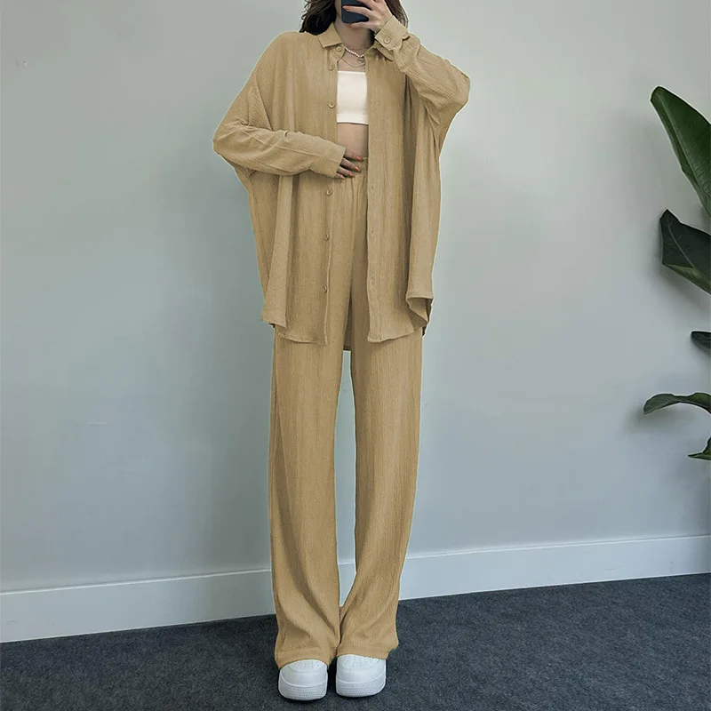 2024 Women's Summer Autumn New Product Temperament Solid Color Long-sleeved Shirt Coat Wide-leg Trousers Casual Two-piece Set