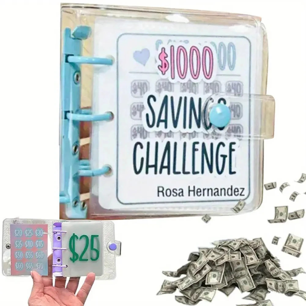 Mini Raccoglitore per Risparmio con Buste da $1000, Mini Raccoglitore per Budget in PVC Lucido Impermeabile e Durevole, Libro per Sfide di Risparmio - immagine 2