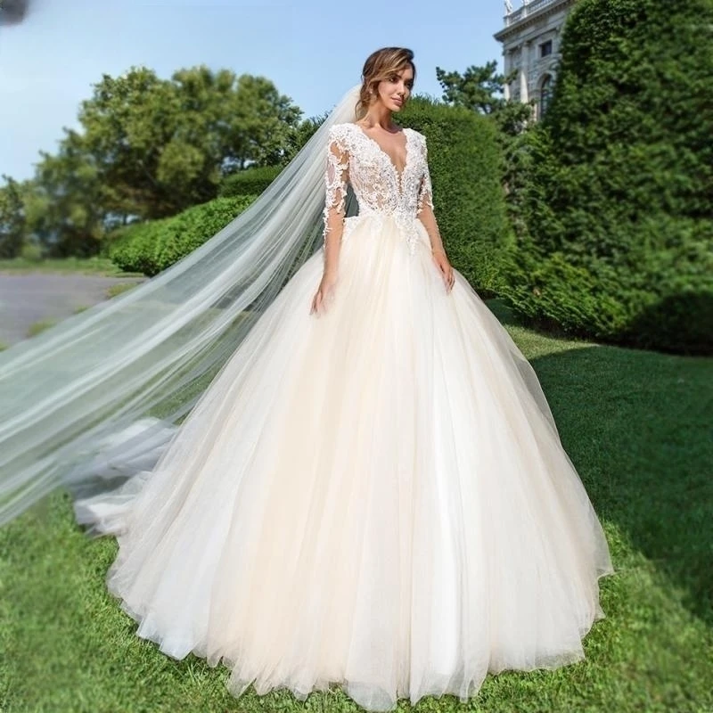 

Свадебное платье 2023 с длинным рукавом, украшенное бисером, с аппликациями, сексуальное женское платье с V-образным вырезом