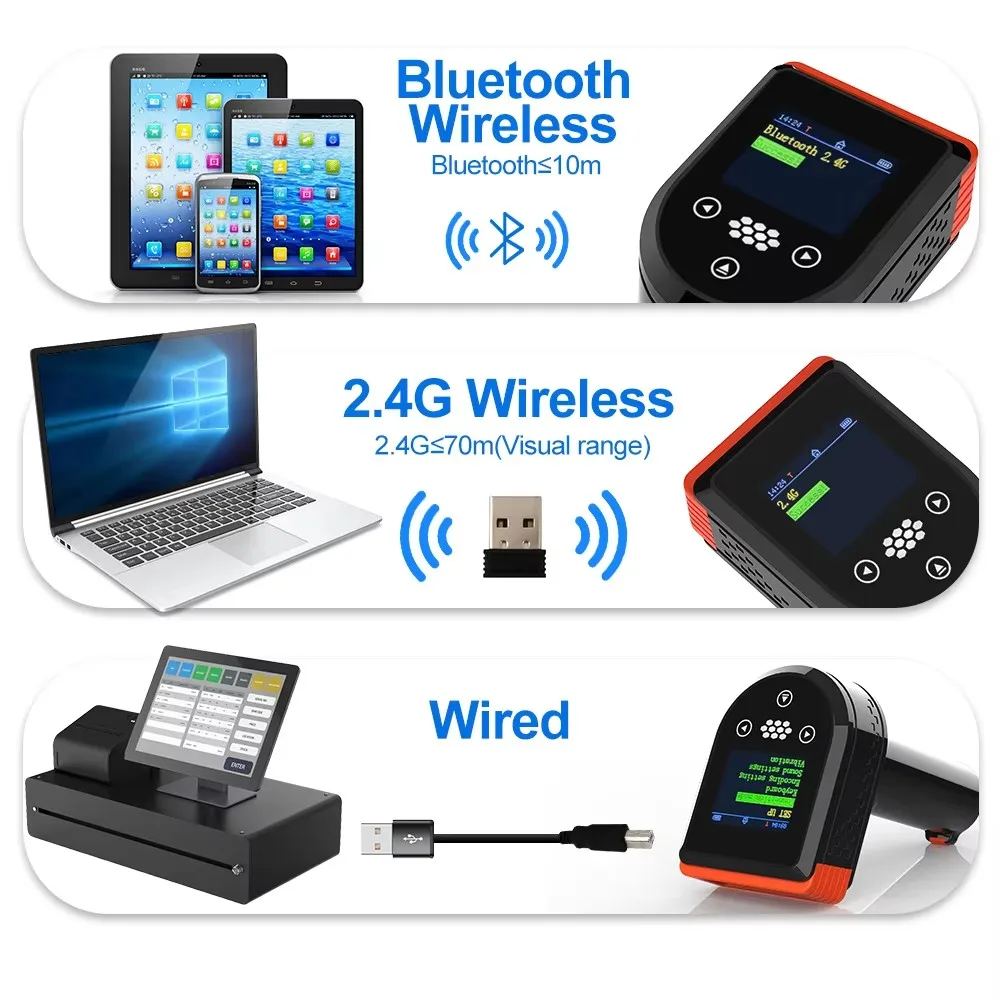 2D 바코드 스캐너 무선 QR 코드 리더 핸드헬드 2.4G 바코드 리더 블루투스 스캐닝 건 슈퍼마켓용