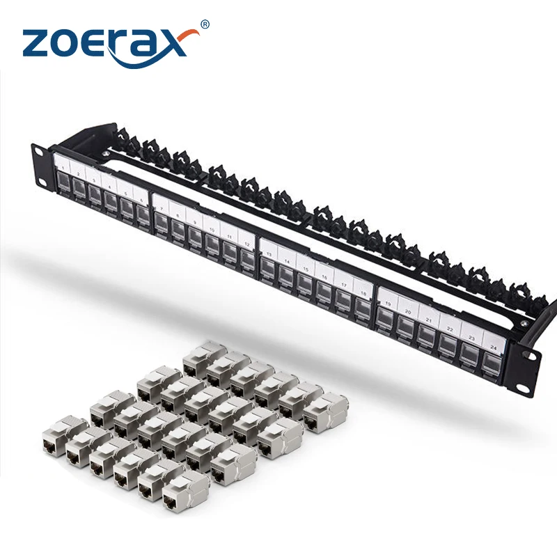 Zoerax-rackmount ou Wall Mount Painel de Remendo Rj45 Blindado Jack Shutter para Keystone Jacks Acoplador Keystone 24 Port