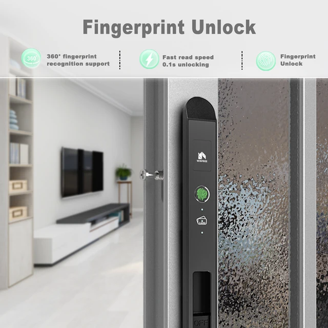 WINFREE SMART Fingerprint Card Key Aluminium Slim Narrow Profile Sliding Door Lock by Google Assistant or Alexa Voice Control 2