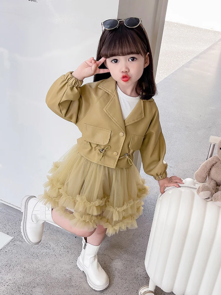 ジャケット・アウター little suzie See-Through Dress Jacket New Girls PU Leather Jacket + Mesh Tutu Dress 2pcs Set Black