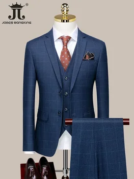 Blazer Vest Pants Luxury Brand Boutique Plaid Casual Business Mens Suit 3 Pcs and 2 Pcs Set Groom Wedding Party Dress Jacket