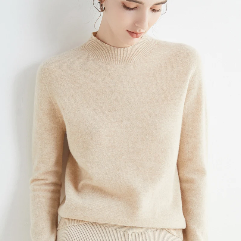 100% Wool First Line Ready-To-Wear Ladies Pullover Pure Wool Sweater Half Turtleneck Cashmere Jumper Basal Top Female Jacket 22