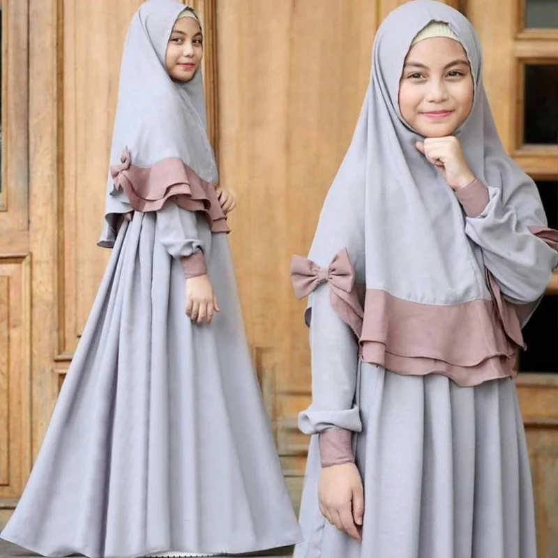 

2 PCS Muslim Kids Girls Kaftan Abaya Islamic Dress Hijab Scarf Long Sleeve Maxi Dress Prayer Burka Jilbab Set Clothing Ramadan