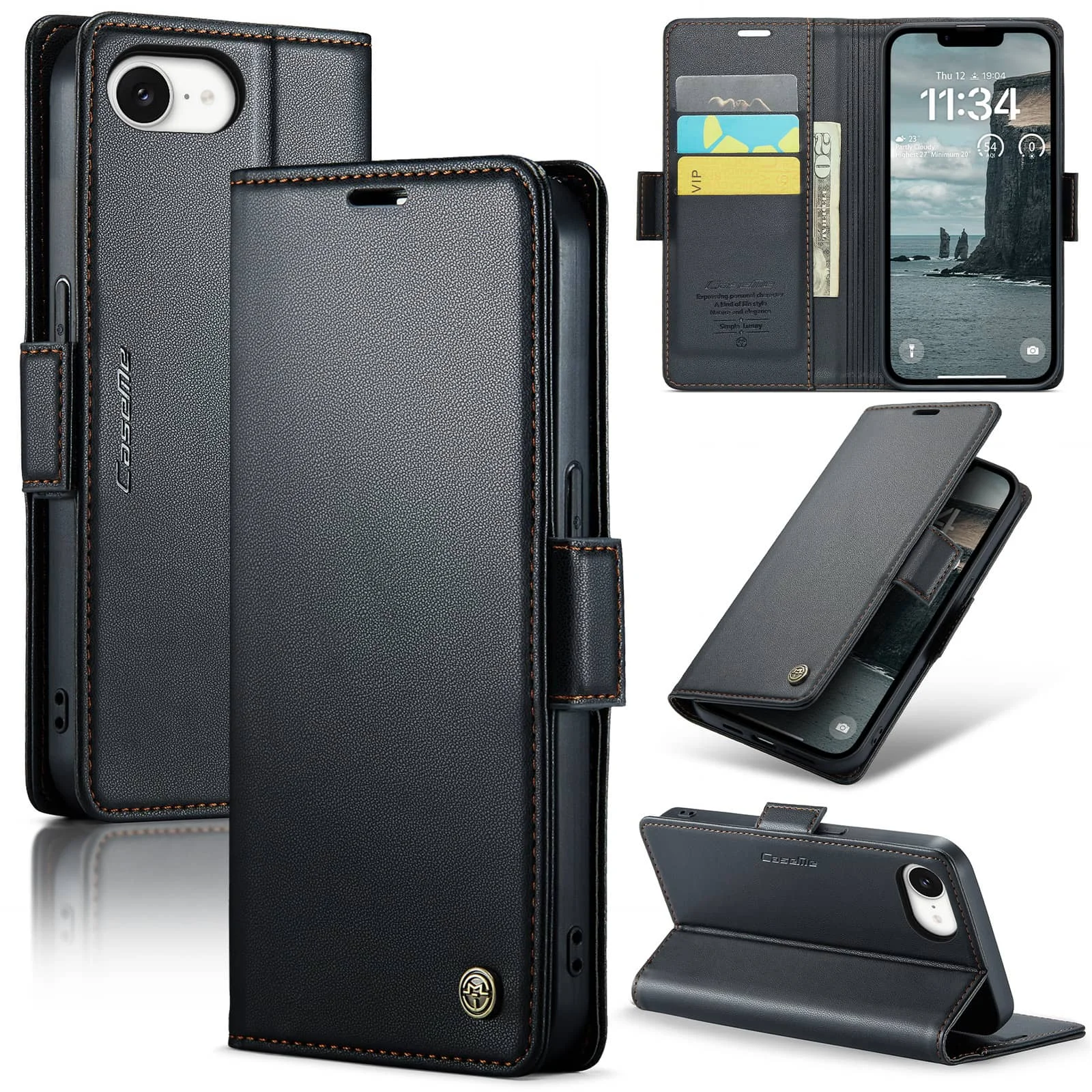 Leather Wallet Case with Card Holder & RFID Blocking, Shockproof Design with Magnetic Clasp and Kickstand