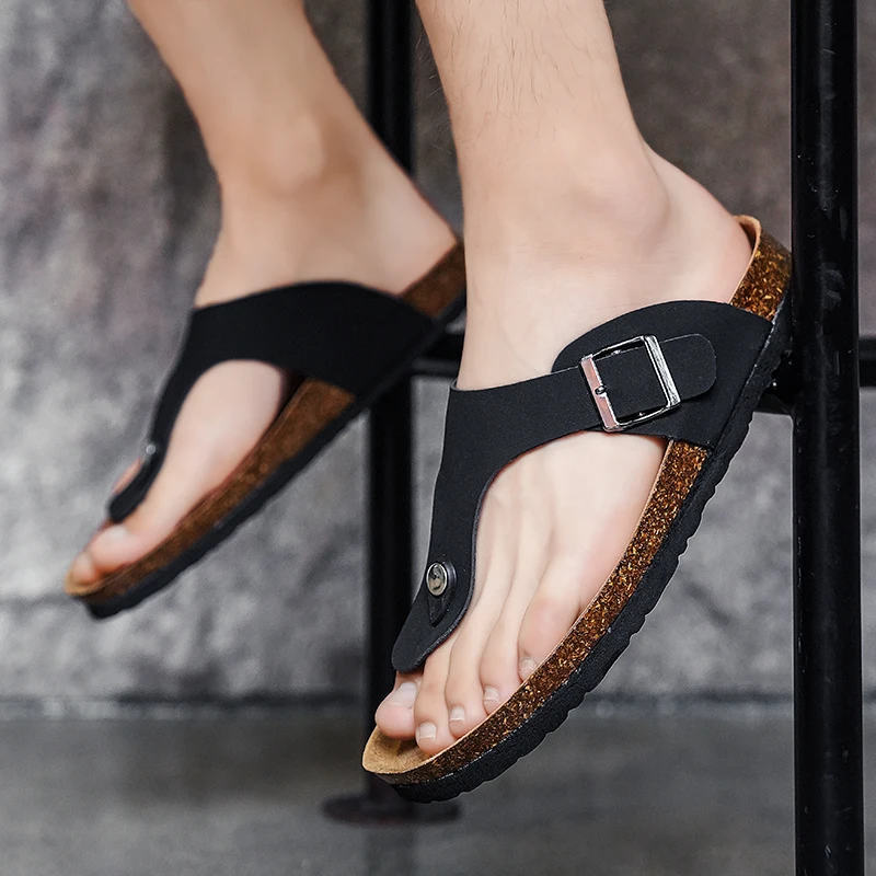 HKDQ Classic Black Men's Flip Flops Comfortable Suede Outdoor Beach Slippers For Men Hot Cheap Casual Summer Flat Slippers Man